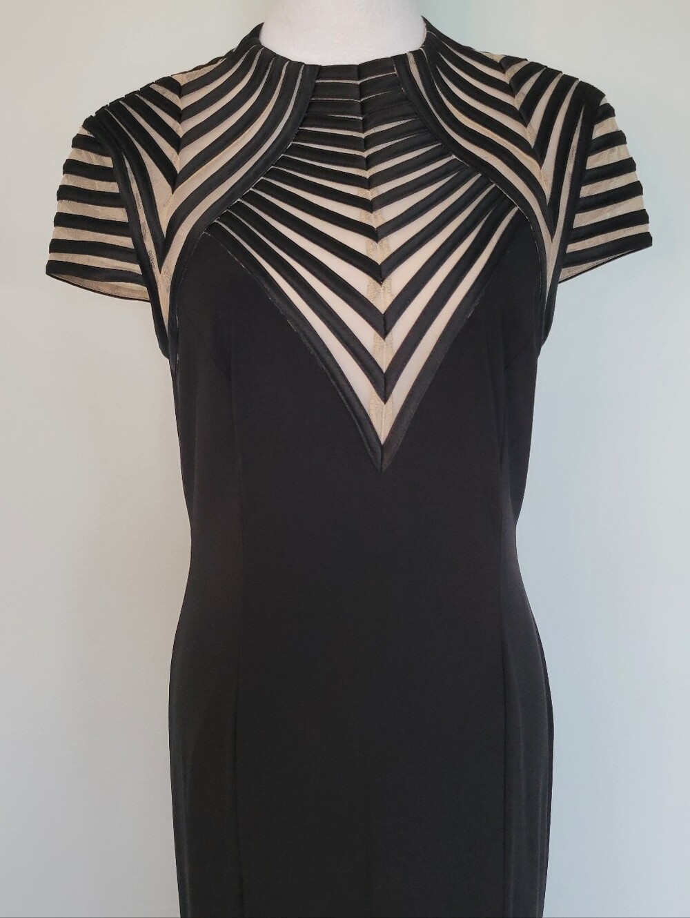 Betsy & Adam Black Sheer Chevron Yoke Stretchy Formal Maxi Floor Gown Sz 12